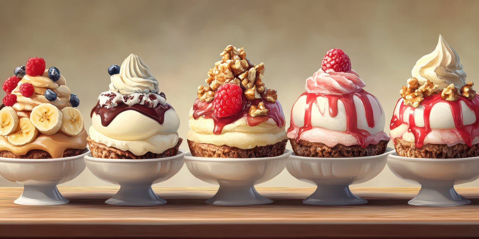 Delightful assortment of gourmet cupcakes displayed on elegant pedestals in a charming bakery setting